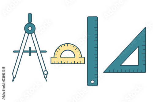 Essential geometry and drafting tools including compass, protractor, ruler, and set square for educational and professional use