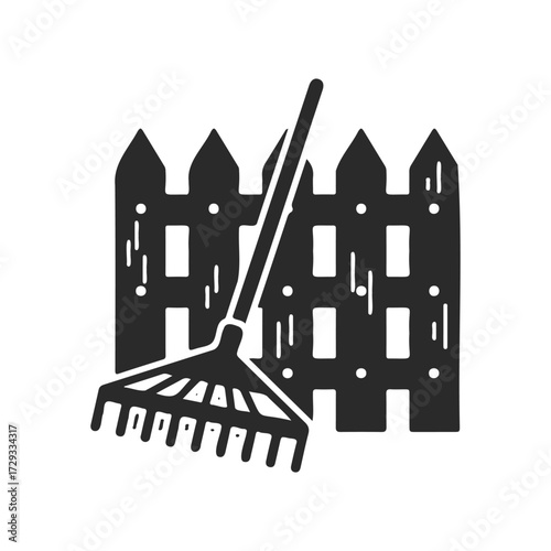 Monochrome garden rake and picket fence illustration