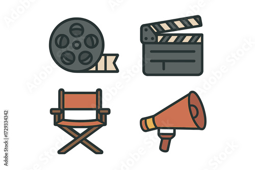 Essential filmmaking production equipment and movie industry tools set including film reel clapperboard director chair and megaphone