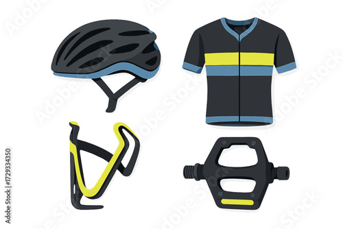 Essential cycling gear collection featuring a helmet, jersey, water bottle cage, and pedal for bicycle enthusiasts