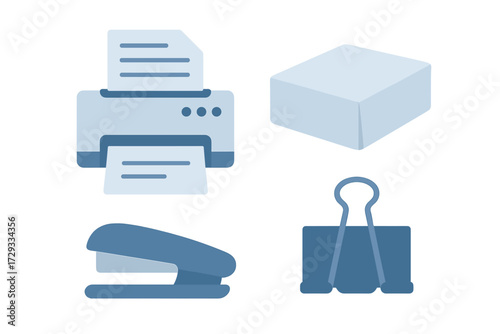 Essential office supplies collection featuring a modern printer, stapler, binder clip, and a box of paper for administrative tasks and business environments