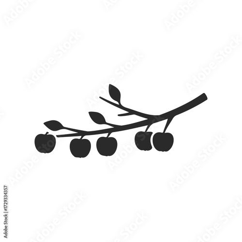 Silhouette of apple branch with leaves and five apples on white background
