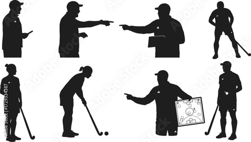 Silhouette vector illustration of sports coach with hockey stick and strategy board showing tactics, training, instruction, leadership, communication, teamwork concept