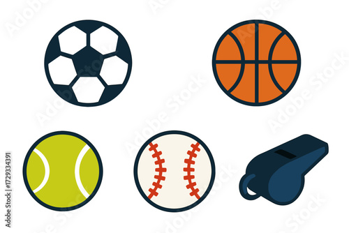 Collection of popular sports equipment including soccer, basketball, tennis, and baseballs with a referee whistle