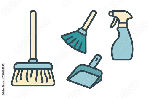 Domestic cleaning essentials set with broom, dustpan, hand brush, and spray bottle for home care and hygiene