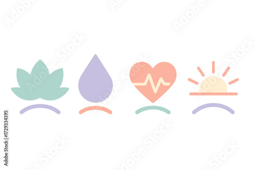 Wellness and health icons with nature elements: lotus flower, water drop, heart pulse, and rising sun for holistic lifestyle balance and well-being