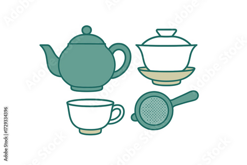 Elegant collection of traditional Asian tea ceremony items including a teapot, gaiwan, teacup, and tea strainer