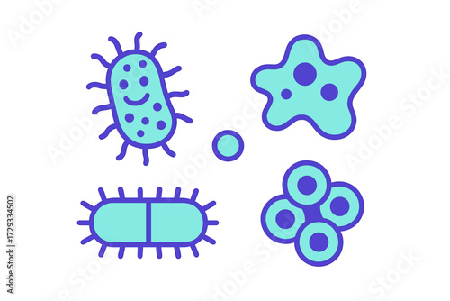 Diverse microscopic organisms including bacteria, amoeba, and cellular structures representing biological science