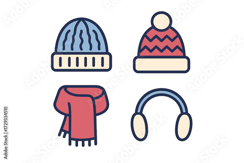 Collection of warm winter clothing items including knitted beanies, a soft scarf, and protective earmuffs for cold weather