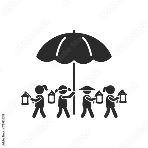 Silhouette of children with lanterns and umbrella in parade celebration