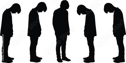 Silhouette vector illustration of standing man with downward posture, sad body language, depressed mood, loneliness concept, emotional expression, human figure