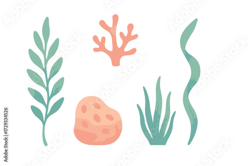 Vibrant stylized underwater marine plants and coral elements with a soft watercolor texture on a clean white background