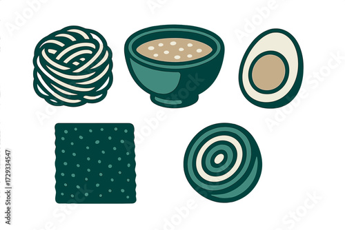 Assortment of Asian food ingredients featuring noodles soup egg seaweed and sliced onion on white background