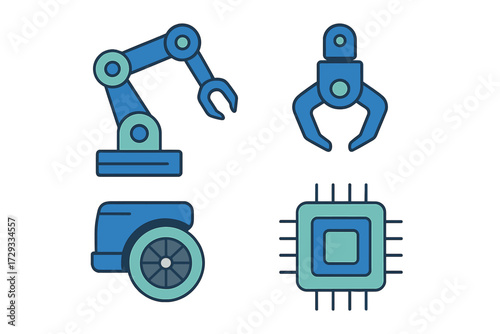 Modern industrial automation and computing technology symbols featuring robotic arm, gripper, mobile robot, and microchip