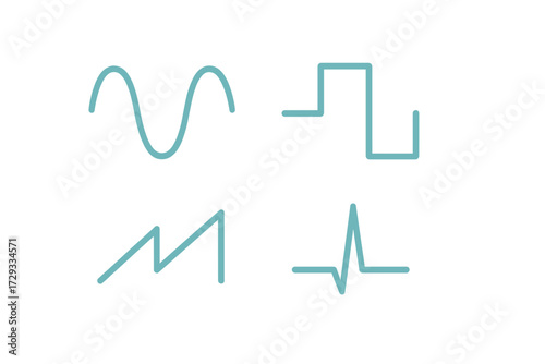 Diverse collection of waveform patterns including sine, square, sawtooth, and pulse signals for technology and science
