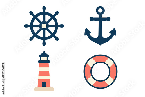 Nautical marine sea ocean symbols collection with ship wheel anchor lighthouse lifebuoy elements for travel and adventure