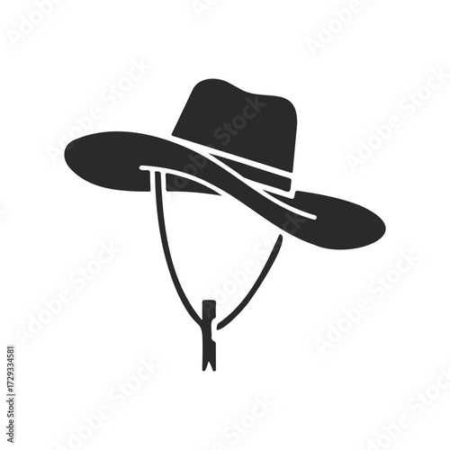 Black cowboy hat icon with chin strap on white background