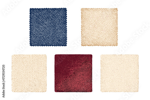 Collection of five textured fabric swatches in various colors including blue, beige, cream, and red