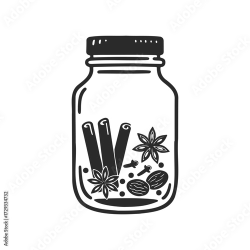 Spice jar illustration with cinnamon, star anise, and nutmeg in black and white