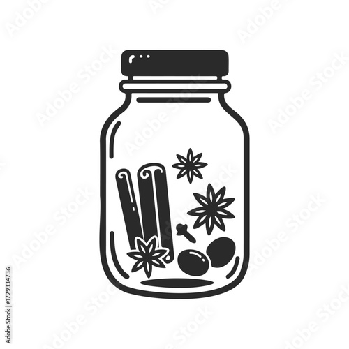 Mason jar with cinnamon sticks, anise, cloves, and berries illustration