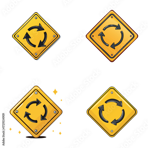 Four Yellow Roundabout Sign Illustrations on White Background.