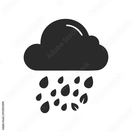 Simple black rain cloud with falling raindrops icon on white background