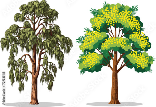 Green leafy tree illustration, yellow flowering tree vector, natural forest element, decorative botanical artwork, detailed garden design, isolated flora nature illustration