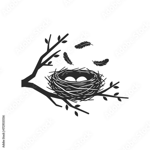 Silhouette of bird nest with eggs on branch and falling feathers