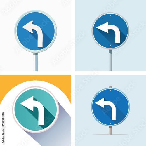 Set of four blue traffic signs with white arrows indicating a left turn.