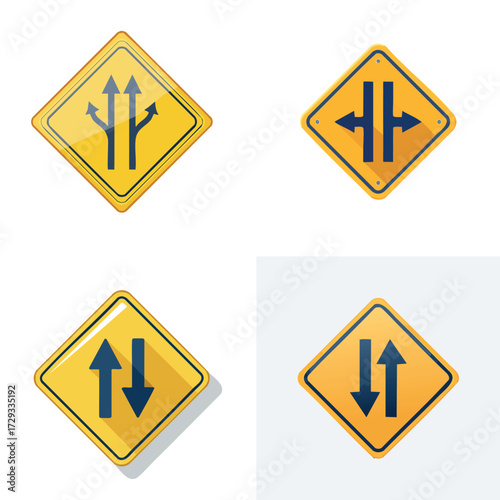 Road Signs Indicating Traffic Directions and Road Conditions.