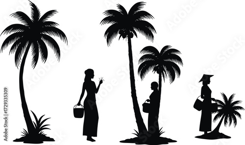 Silhouette vector illustration of women carrying baskets under palm trees, tropical lifestyle, rural culture, agriculture, traditional work, island nature scene