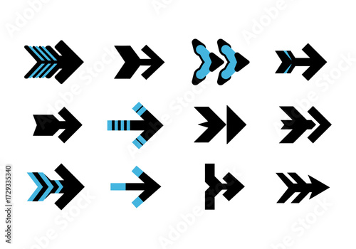 Set of Modern Geometric Black and Blue Arrow Icons on White Background