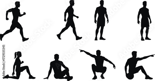 Collection of fitness and sports silhouettes of men and women in various poses, including running, stretching, and sitting for health and wellness concepts