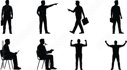 Collection of professional silhouettes of business people and managers in various poses, including standing, sitting, and pointing for corporate concepts