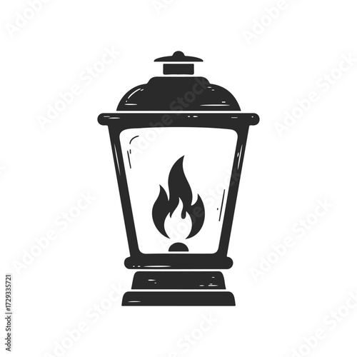 Vintage lantern with flickering flame icon on white background