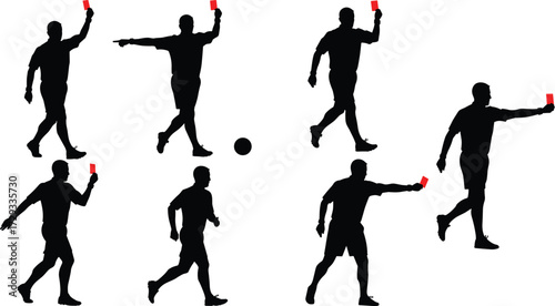 Soccer referee silhouettes showing whistle, red card, ball holding, and officiating gestures for football match discipline vector illustration design