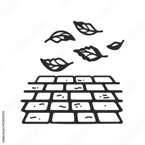 Falling autumn leaves over cobblestone path illustration in black and white