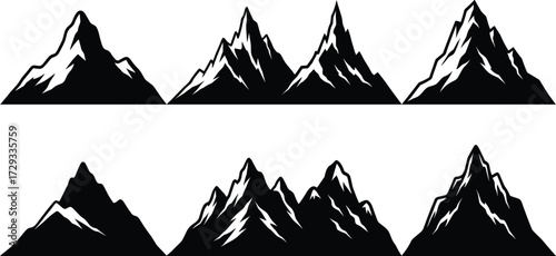 Black and white mountain silhouettes, jagged peaks, snowy summits, outdoor adventure, hiking landscape, minimalist design, nature illustration, alpine scenery, wilderness art