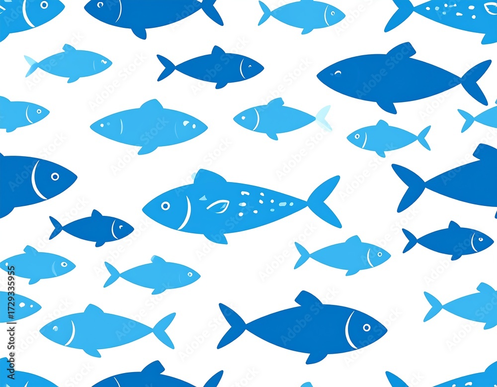 Seamless pattern of various blue fish silhouettes