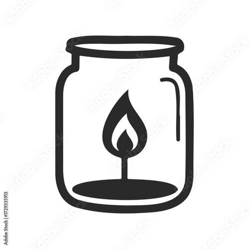 Minimalist black flame icon in a jar on white background