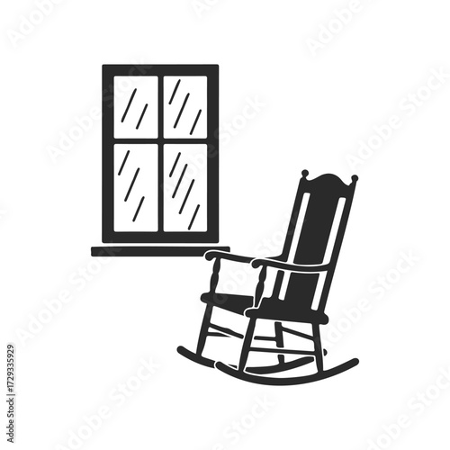 Cozy scene: rocking chair by the window silhouette in black and white