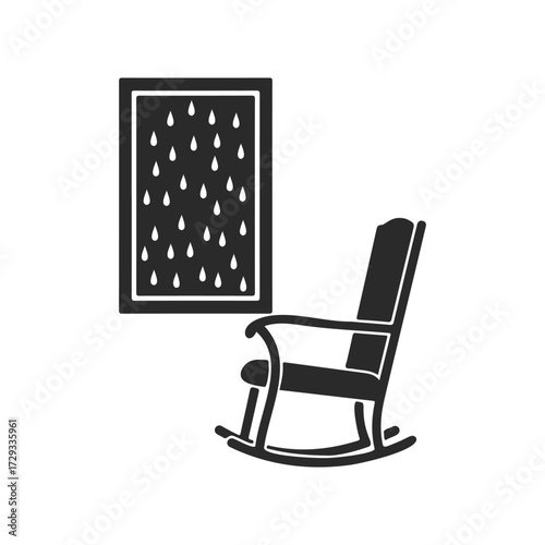 Silhouette of rocking chair by rainy window: cozy indoor scene
