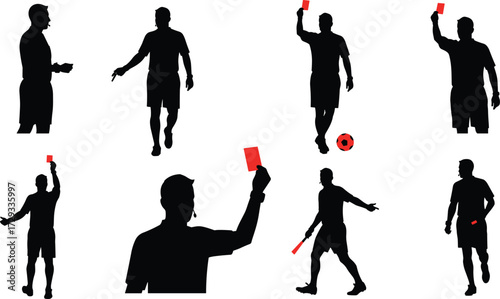 Soccer referee silhouettes showing whistle, red card, ball holding, and officiating gestures for football match discipline vector illustration design