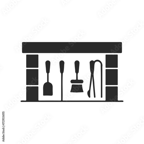 Silhouette of fireplace with poker, shovel, brush, and tongs icons
