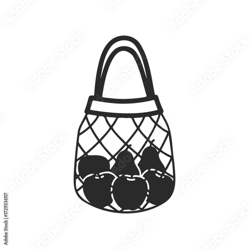 Black and white illustration of apples in a mesh bag