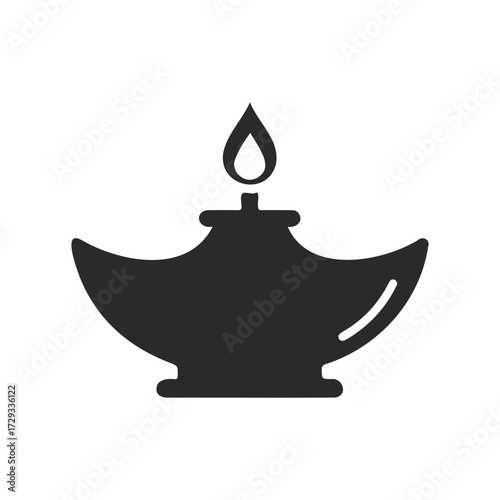 Minimalist black silhouette of an oil lamp with flame
