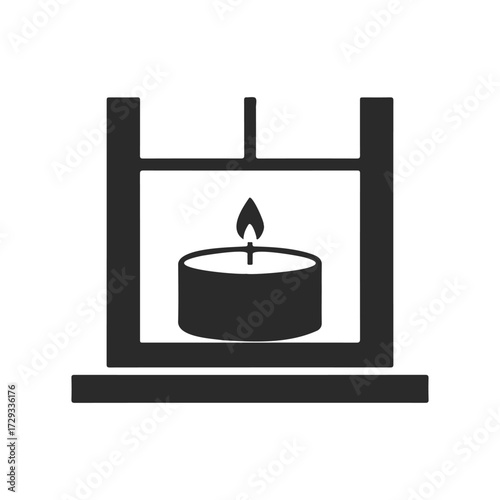 Silhouette of a candle on a windowsill with frame and flame icon