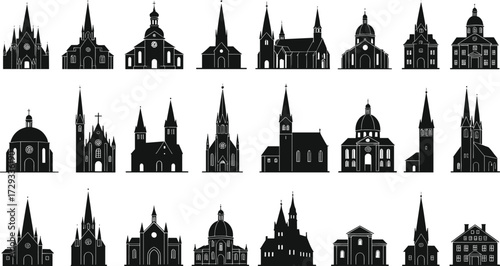 Black church silhouette collection, religious architecture vector, Christian cathedral design, gothic chapel illustration, steeple dome cross, spiritual landmark art set
