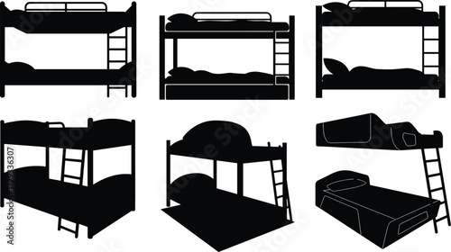Vector illustration set of bunk bed designs with ladders, modern furniture collection for kids room, bedroom interior, architecture and home decor