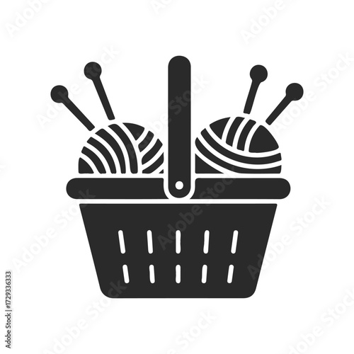 Knitting basket with yarn balls and needles icon on white background